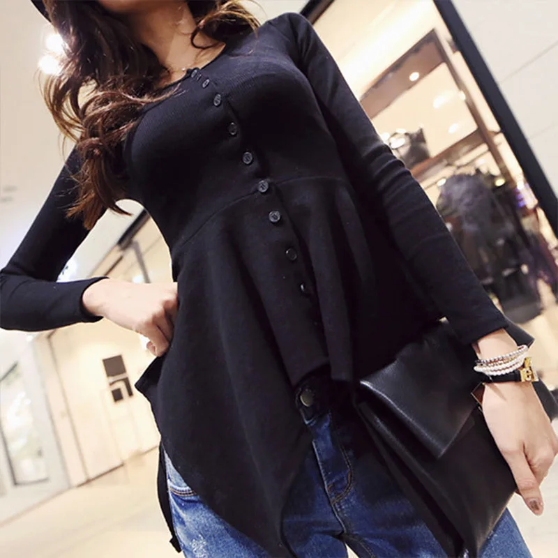 Fashion Knit Long Sleeve Button Down Blouse Women Sexy Spring Autumn Irregual Peplum Shirt Cotton Black White Ladies Tops Femme