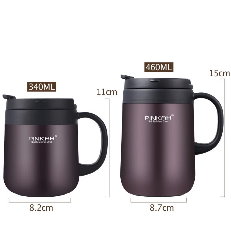 PINKAH 340&460ml Coffee Mug 304 Stainless Steel Thermos Mugs With Handle With Lid Insulated Tea mug Vacuum Cup Office Thermos