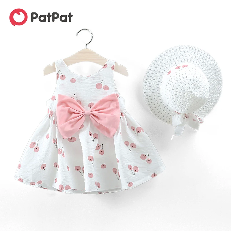 

PatPat New Summer 2-piece Baby and Toddler Fruit Apple Cherry Allover Bow Decorative Sleeveless Dress and Hat Set