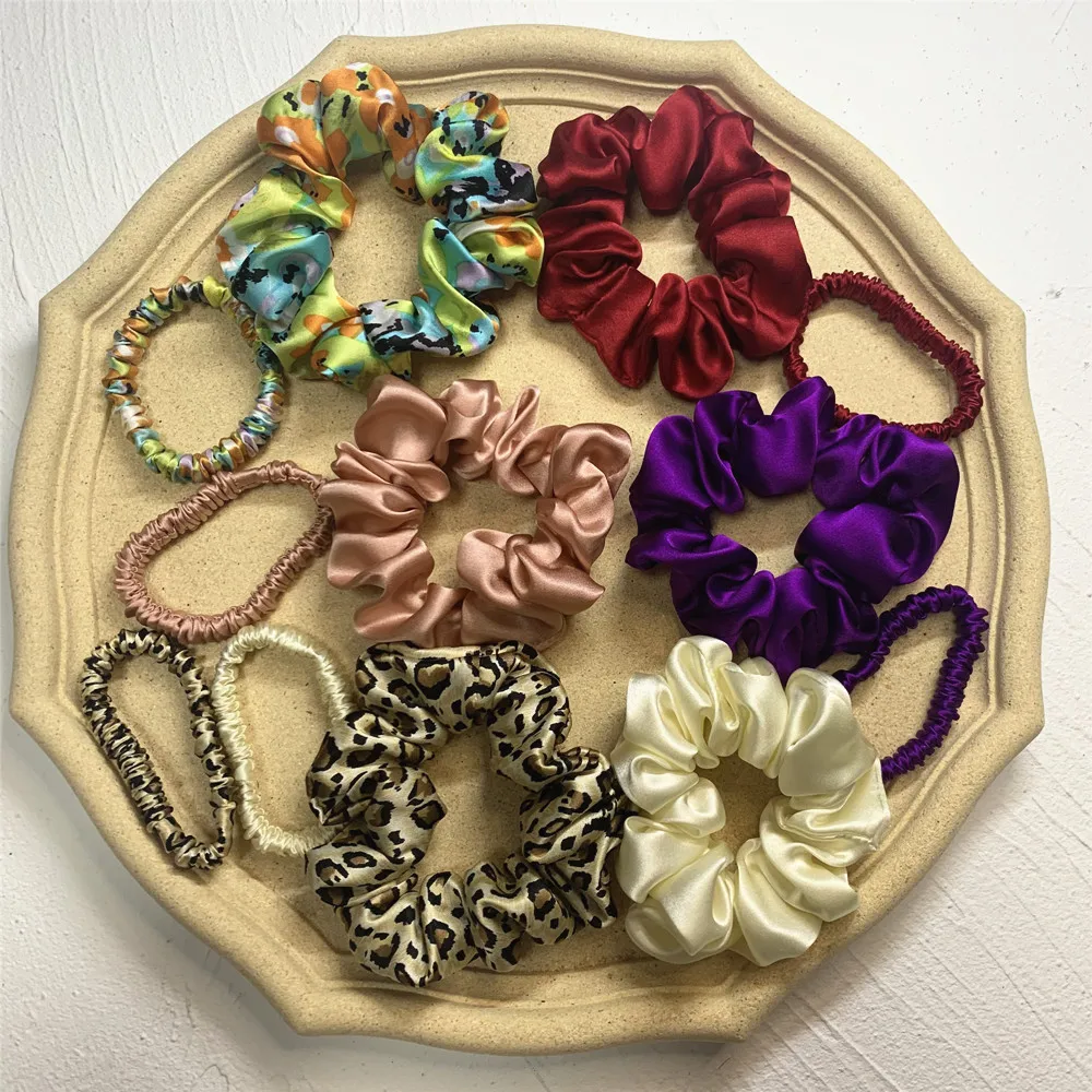 100% Silk Hair Scrunchies Set Fashion Hair Ties Ponytail Holder for Women Girls Hair Accessories Width 3.5cm and 1cm