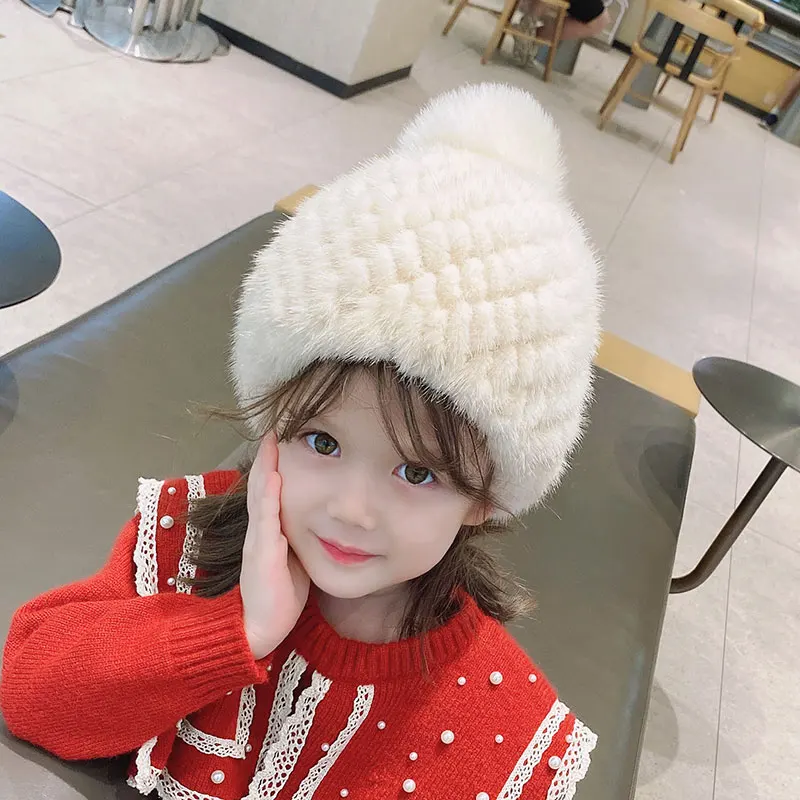 

Women's Real Mink Fur Hat Knitted Beanies for Child Girl Furry Winter Warm Soft Snow White Sweet Caps