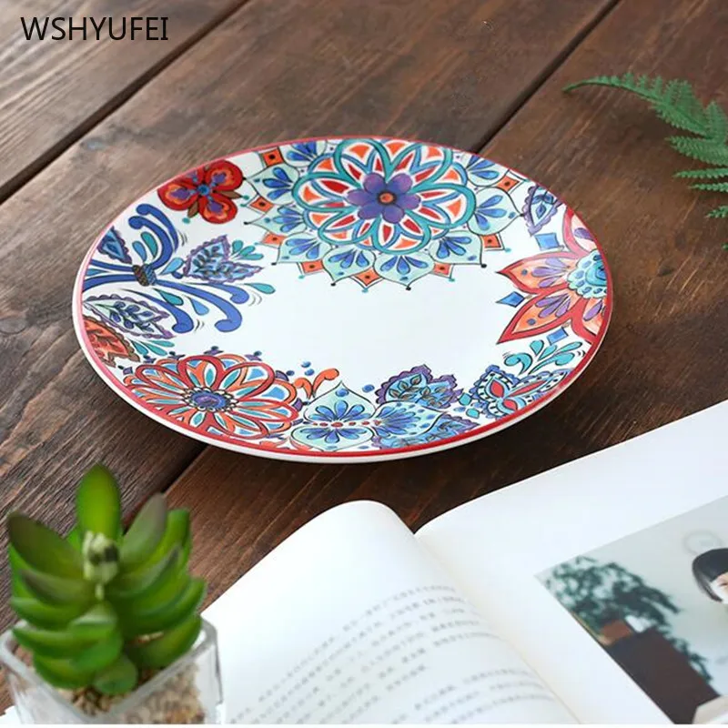 

1pcs ceramic painted tableware American flat plate rural style steak Western food round tray snack nut dish kitchen supplies