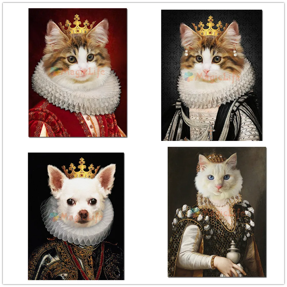 

Pet Cat Princess Vintage Animal Head Nordic Poster Human Body Wall Pictures For Living Room Wall Art Canvas Painting Unframed