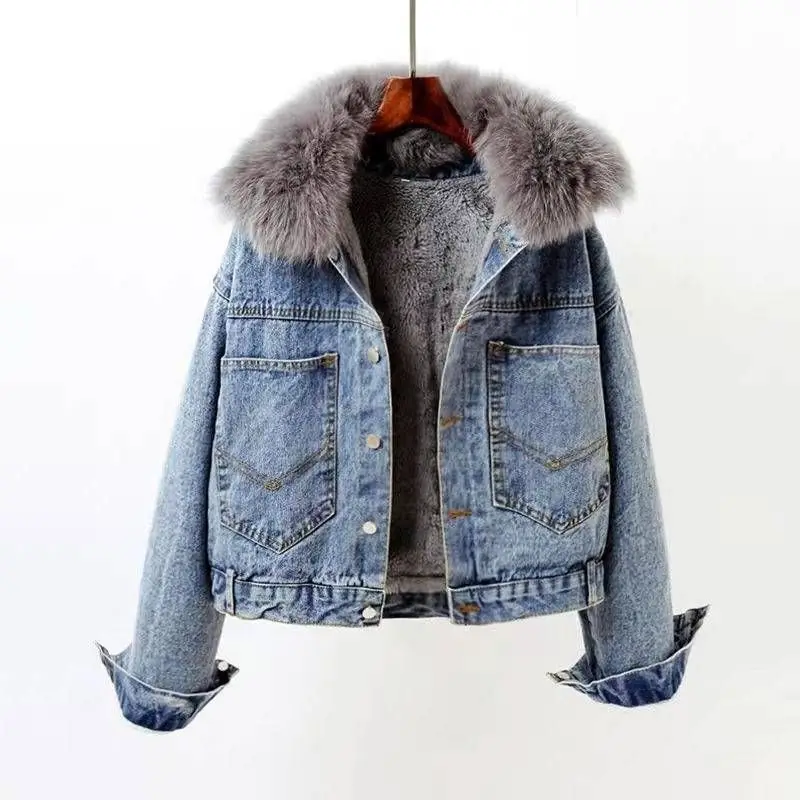 

Winter Casual Solid Fur Collar Denim Jacket Female Loose Single Breasted Plus Velvet Thickened Parkas Women