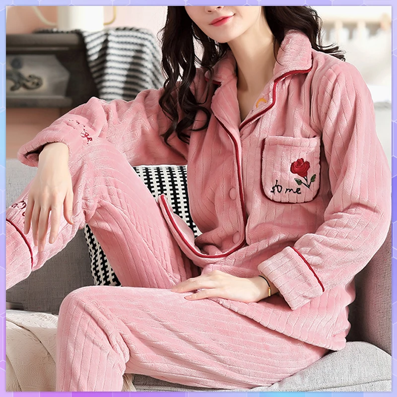 

Winter Warm Women Pajamas Thicken Soft Flannel Pajamas Set Mujer Long Sleeve Sleepwear for Girls Ladies Pajama Home Clothes Suit