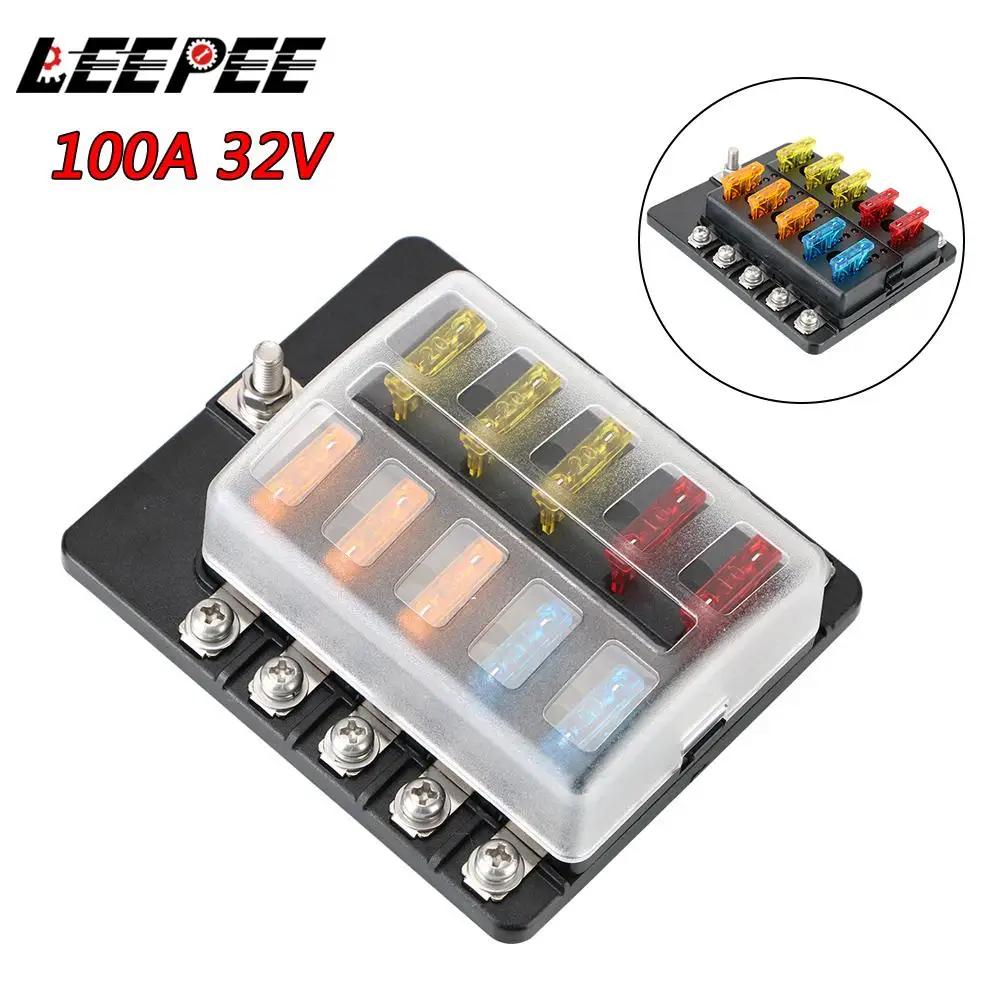 8 Ways 10 Ways Blade Fuse Block 32V 100A Fuse Box Holder M5 Stud With LED Indicator Light Circuit insurance For Auto Car Marine