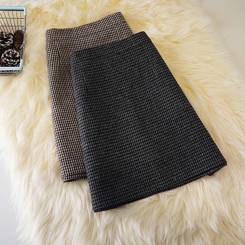 Houndstooth Thick Skirts Women Classic Tender Ladies OL Simple Chic Cozy High Waist Hip-skirt Mini Plaid Elegant Fall Winter Ins