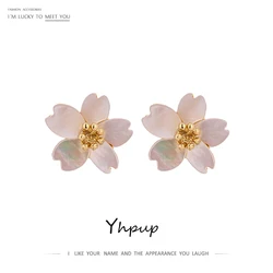 Yhpup-Brincos Naturais de Flor Shell para Mulheres, Planta Branca, Brincos Doces Extravagantes, Jóias de Metal Banhado a 16 K, Acessórios de Festa