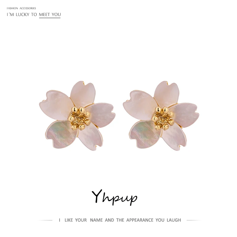 Yhpup Natural Shell Flower Stud Earrings White Plant Fancy Sweet Brincos 16 K Plated Metal Jewelry for Women Party Accessories