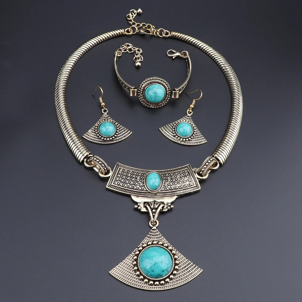 Antique Gold Color Wedding Jewellery Fashion Vintage Green Stone Pendant Necklace Earrings Bracelet Sets Women Jewelry Sets