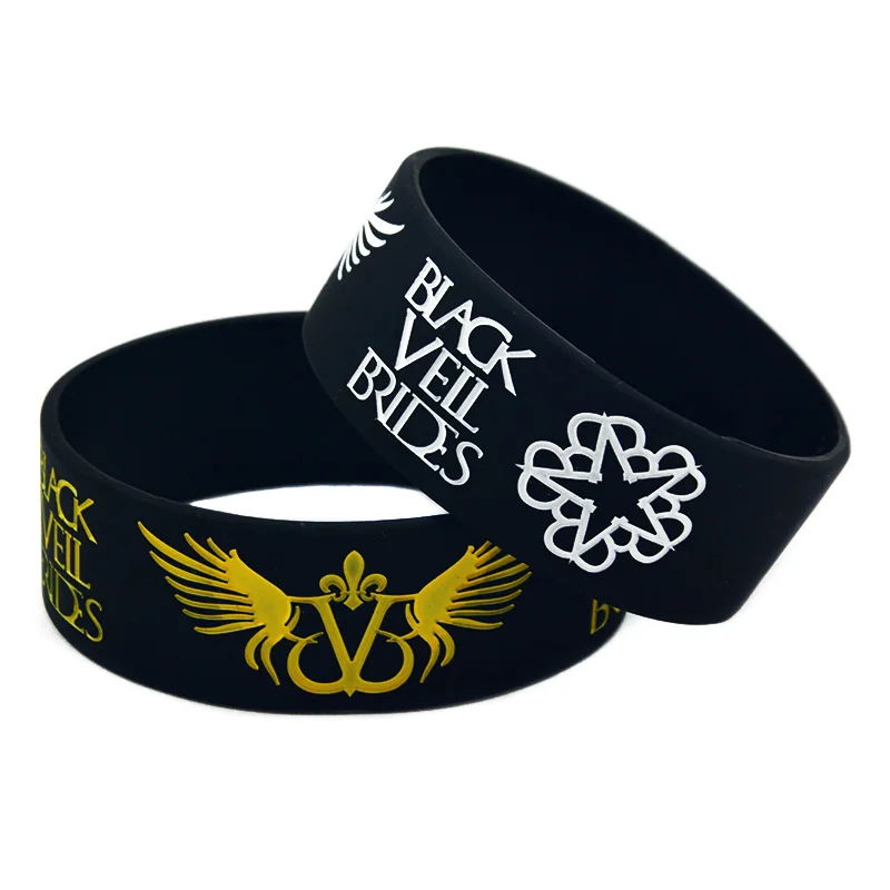 1 PC Black Veil Brides With Angel Wings Silicone Wristband 1 Inch Wide Adult Size