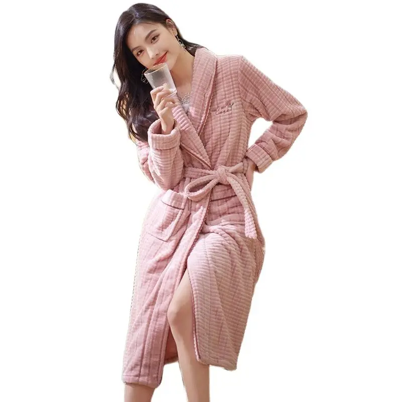 Women Winter Plush Lengthened Shawl Bathrobe Home Clothes Long Sleeved Robe Coat Female Thick Coral Fleece Elegant Dressing Gown