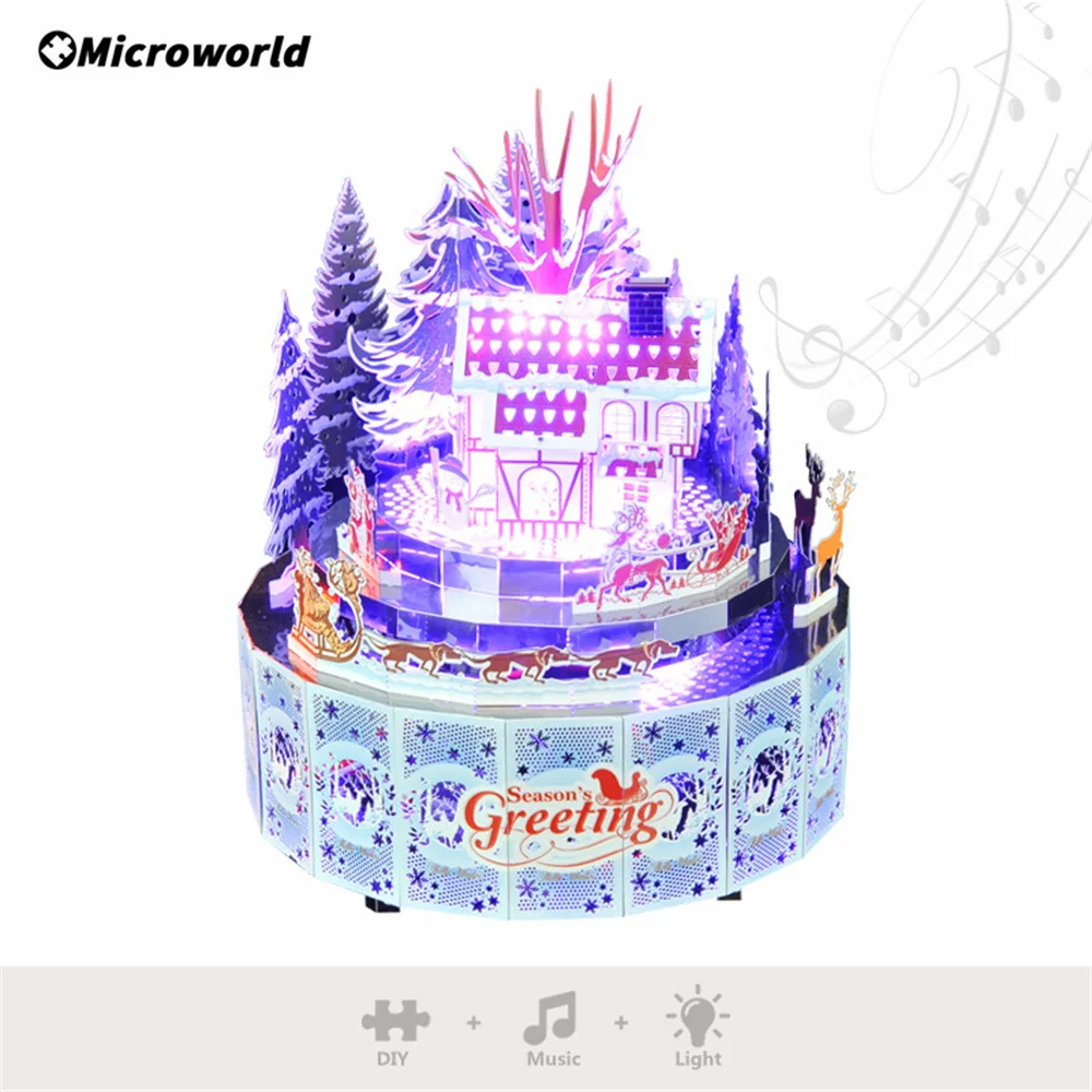 Microworld 3D Puzzle in metallo Tema invernale Carillon rotante Kit modello Puzzle fai da te Giocattoli Decorazione natalizia Regali per ragazze adulte