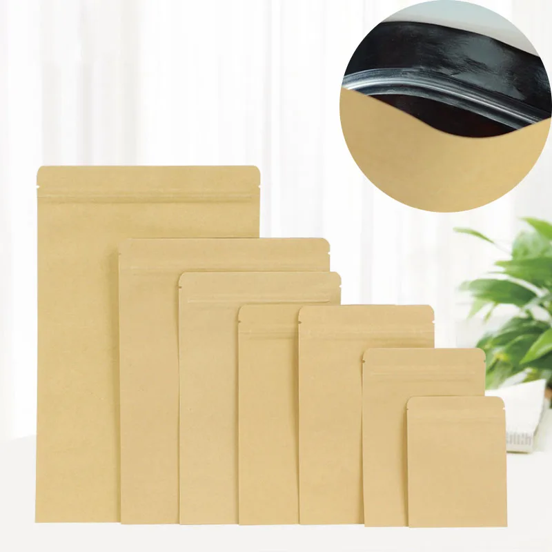 

100pcs Flat Kraft Paper Zip Lock Gift Packagin Bag Candy Powde Nuts Grain Ziplock Rice Bag Paper Gift Window Bags