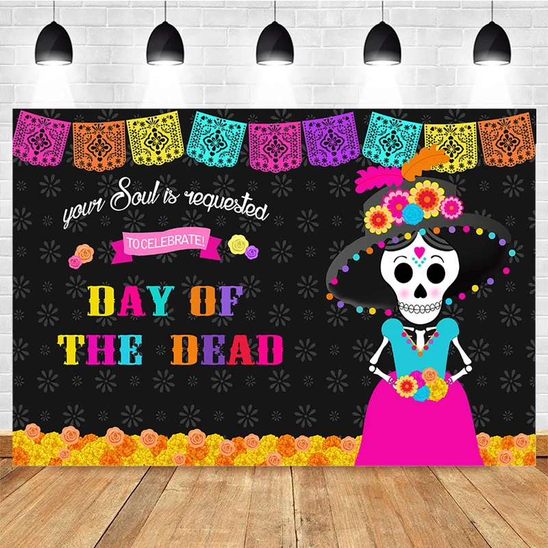 Day Of The Dead Photography Background Mexican Marigold Skull Backdrop Dress-Up Party Fiesta Banner Decoration For Photo Studio