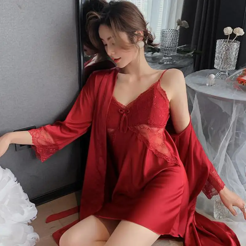 

Perspective Women Kimono Bathrobe Sleepwear Sexy Robe Set Summer New Home Dressing Gown Lace Satin Faux Silk Chemise Nightgown