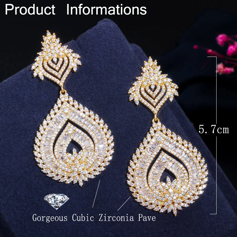 CWWZircons Luxury 585 Gold Color African Nigerian Cubic Zirconia Big Long Naija Wedding Party Women Dress Earrings CZ636