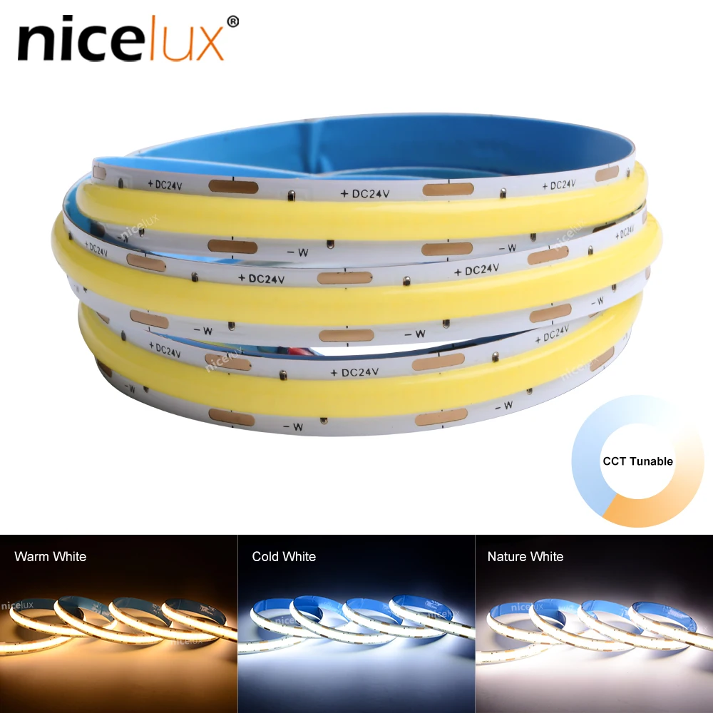 

DC24V CCT 3000K-6000K COB светодиодная полоса освещения 576 светодиодов высокая плотность гибкий FOB COB 10 мм RA80 с белой линейной регулируемой яркостью