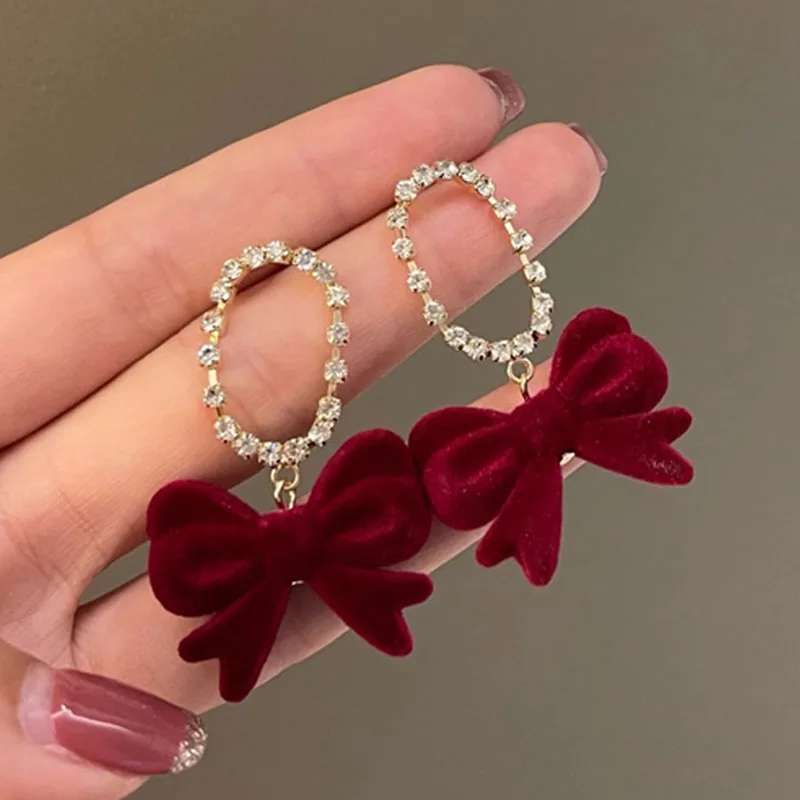 Christmas Red Bow Drop Earring For Women Temperament Heart Flocking Bowknot Christmas Earring Girls New Year Festival Jewelry