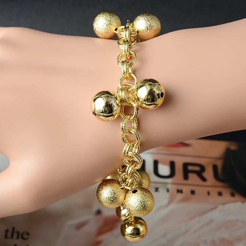 Sunny Jewelry 18K Gold Plated Round Bead Charm Bracelet for Women Ball Shape Pendant Hand Link Chain Party Wedding Jewellery
