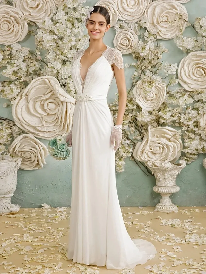 Maßgeschneidertes durchsichtiges Vintage-Hochzeitskleid mit V-Ausschnitt, Chiffon, transparente Spitze, kurze Ärmel, Brautkleider, Vestiods Noiva Robe De Mairee