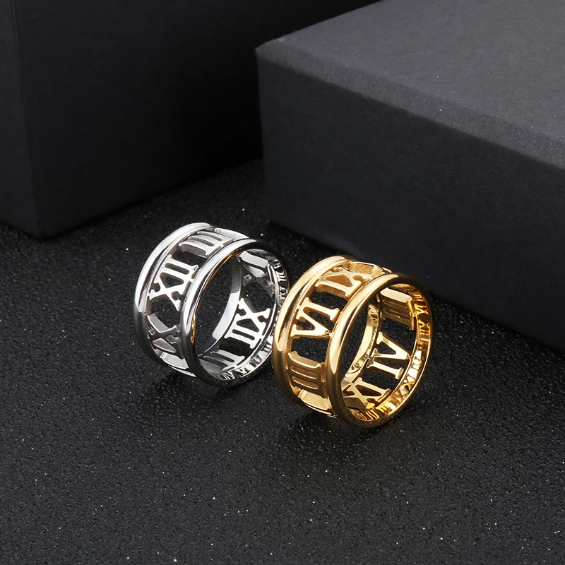 HaoYi Stainless Steel Roman Numeral Ring For Men Women Gold Silver Color Fashion Band Jewelry Gift