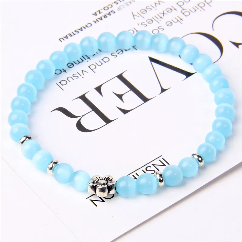 White Cat Eye Stone Bracelets For Women Men Flower Charm Bracelet 6MM Simple Single Circle Beads Opal Bangles Wrist Jewelry