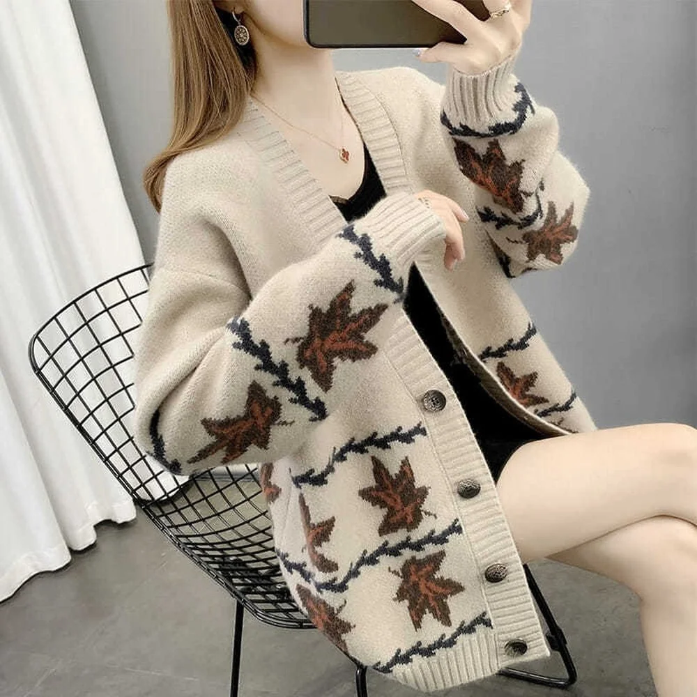 Women\'s Knitted Cardigan, Beautiful Sweater with Maple Leaf Pattern, V-neck Button Khaki Ladies Sweater Cardigan Autumn Cardigan