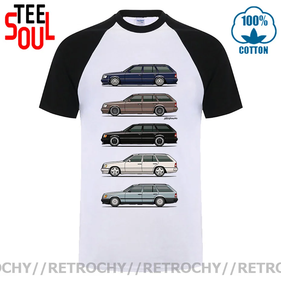 Retrochy New Stack Of W124 S124 E-Class Wagons T-shirt Cartoon Men Cotton T Shirt Unisex Streetwear TShirt Cool Car Tee Harajuku