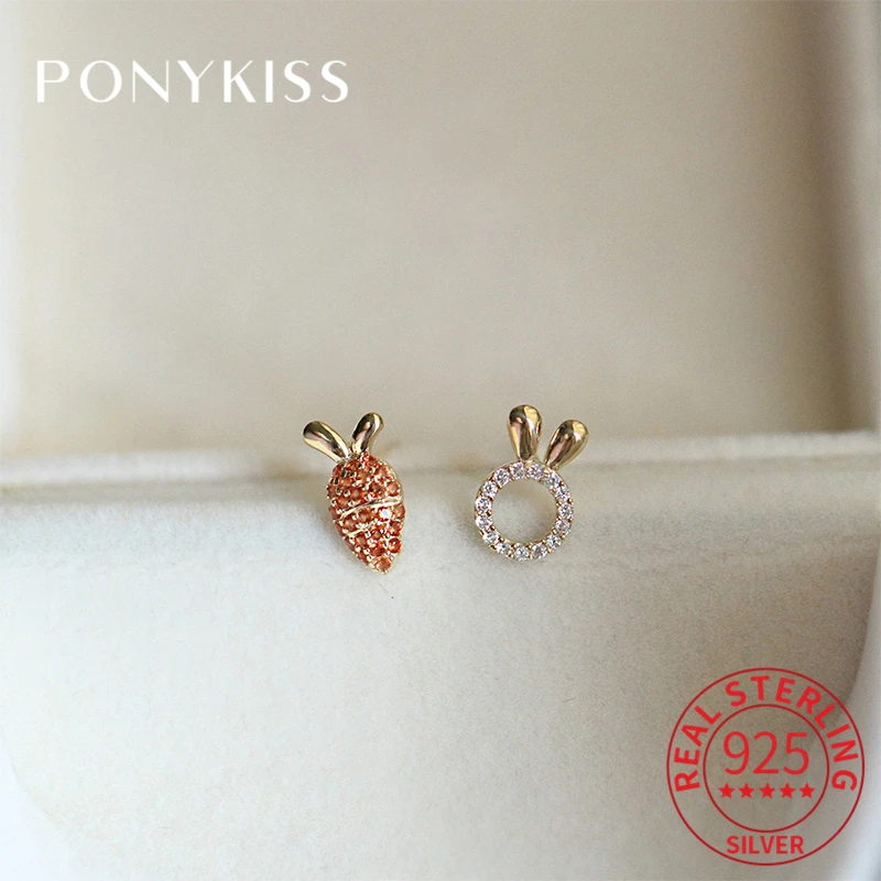 PONYKISS Real 925 Sterling Silver Rabbit Carrot Zircon 14K Gold Stud Earrings For Women Trendy Fine Jewelry Gifts Drop Shipping