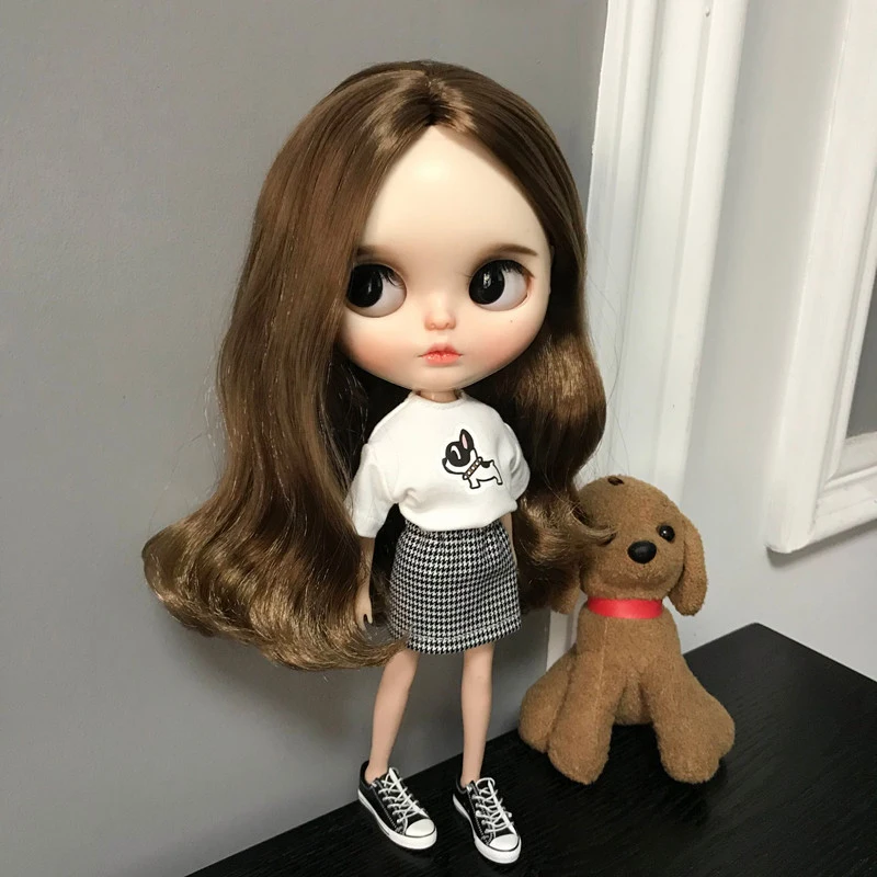 DLBell 1pcs Blythe Doll Clothes Black or White T-shirt and Plaid Skirt for Blyth Azone OB24 OB23 1/6 doll accessories