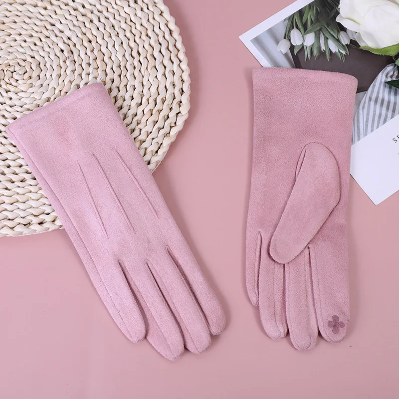 New Women Winter Keep Warm Touch Screen Thin Fleec Section Suede Fabric Female Elegant Solid Soft Cycling Drive Gloves