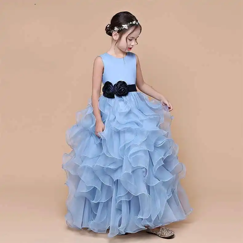 Manches robes de fille de fleur longue col rond noir Bow ceinture formelle robe de soirée robe de bal pour les filles 2021