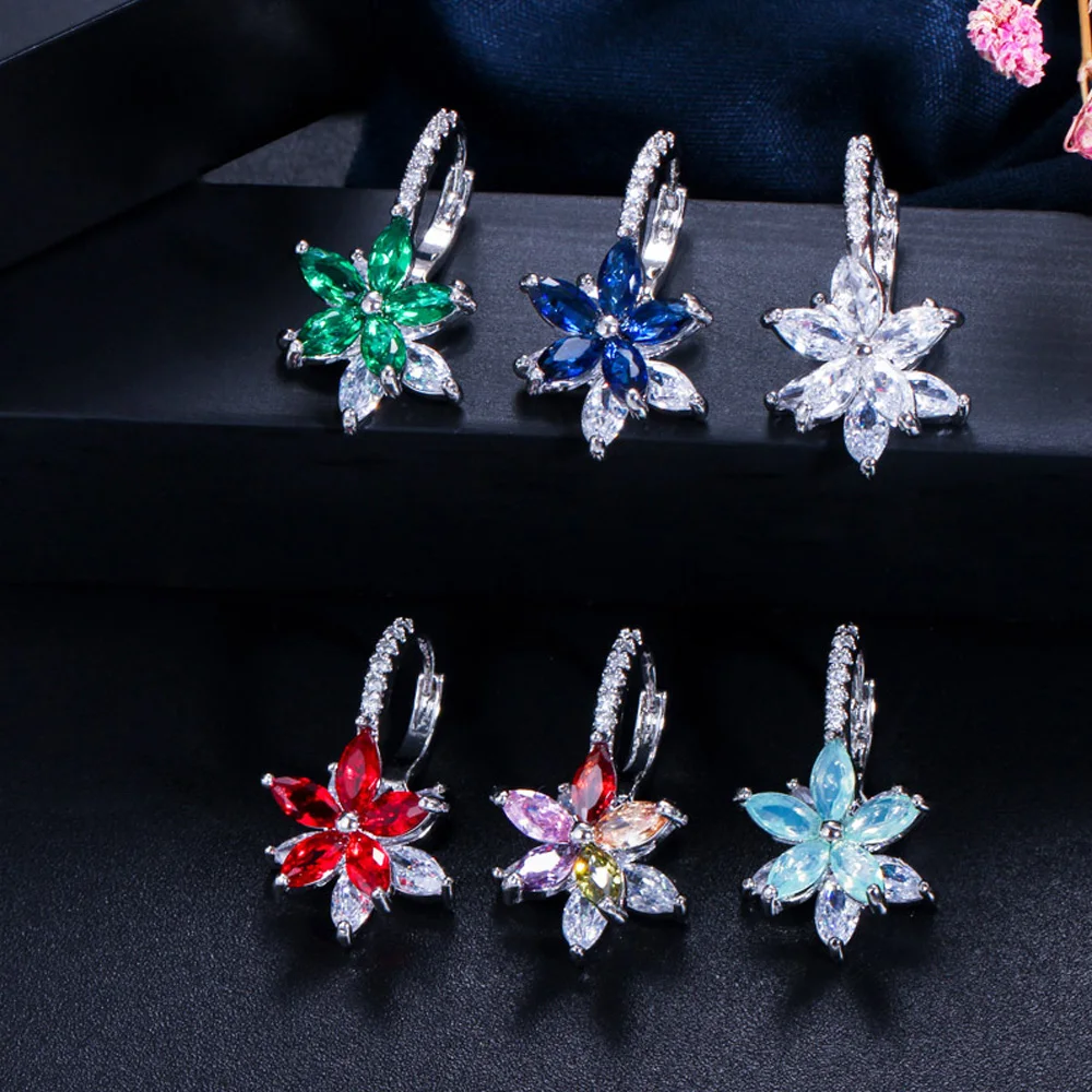 ThreeGraces Fashion Multi Green Pink Red Cubic Zircon Crystal Marquise Cut Lovely Flower Party Stud Earrings for Ladies ER311