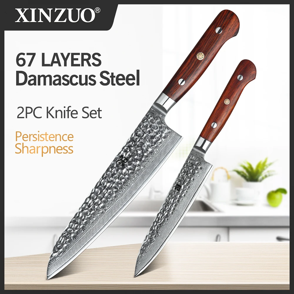 

XINZUO 2 PCS Kitchen Knives Chef Set Damascus Forged Steel Chef Santoku Utility Knife Kitchen Stainless Steel Rose Wood Handle