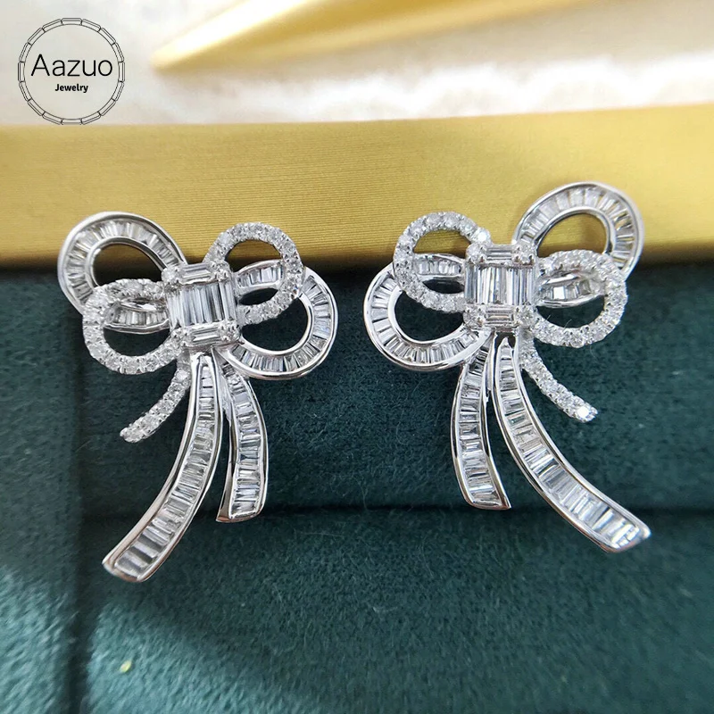 Aazuo Real 18K White Gold Real Diamond 1.40ct Fairy Bowknot Stud Earrings gifted for Women Engagement Wedding Party Au750