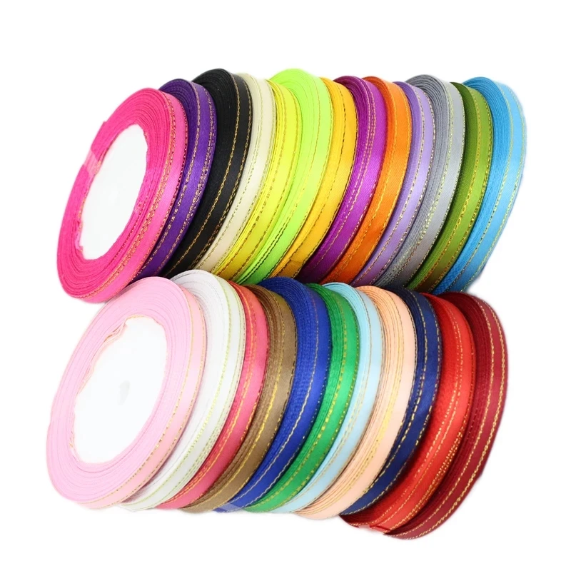 (25 Yards/roll) 6mm Gold Edged Single Face Satin Ribbon Wholesale Gift Packing Christmas Decoration Manual DIY Ribbons Fabric