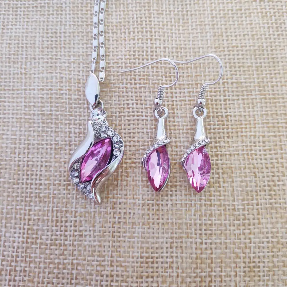 QiLeSen/925 Sterling Silver Necklace Earrings/Ladies Silver Fuchsia Set/Wedding/ Engagement/Fine Jewelry Set S095