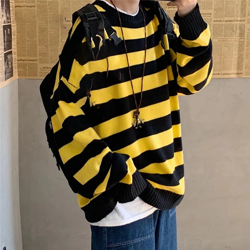 Winter Knitted Sweater Men Striped Sweaters O-Neck Pullover Male Harajuku Oversized Sweaters Women Couple Hip Hop Jumper 2022