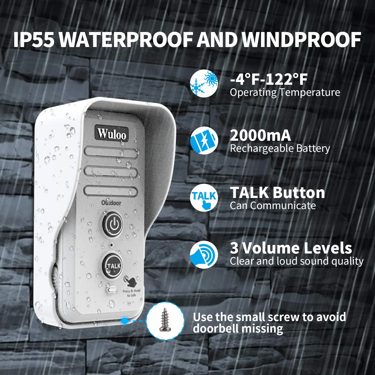 Wuloo 0.5Mile Range Wireless Doorbells Intercom System Adjust Volume Rechargeable Doorbell Receiver Waterproof Cap