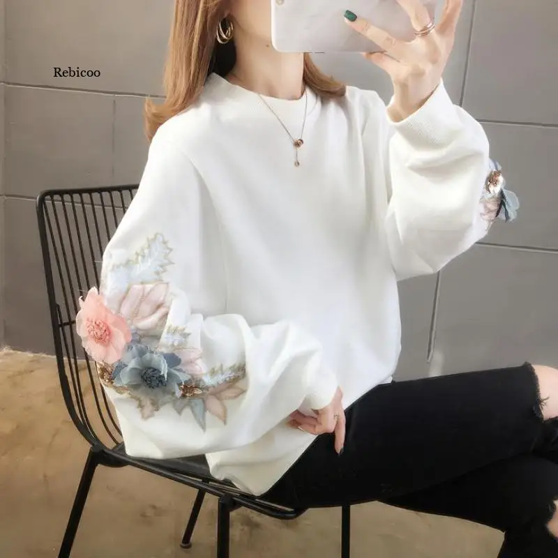 

Autumn Thin Style Casual Women Tops Embroidery Stereoscopic Flowers Beaded Sequins Harajuku Lady Sweatshirt Female Pullover