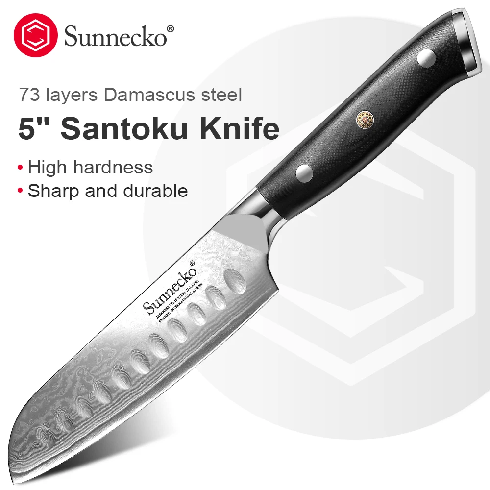 

Sunnecko 5 Inch Santoku Knife Razor Sharp VG10 Damascus Steel Blade Cut Japanese Style Chef's Slicing Cooking Tools G10 Handle