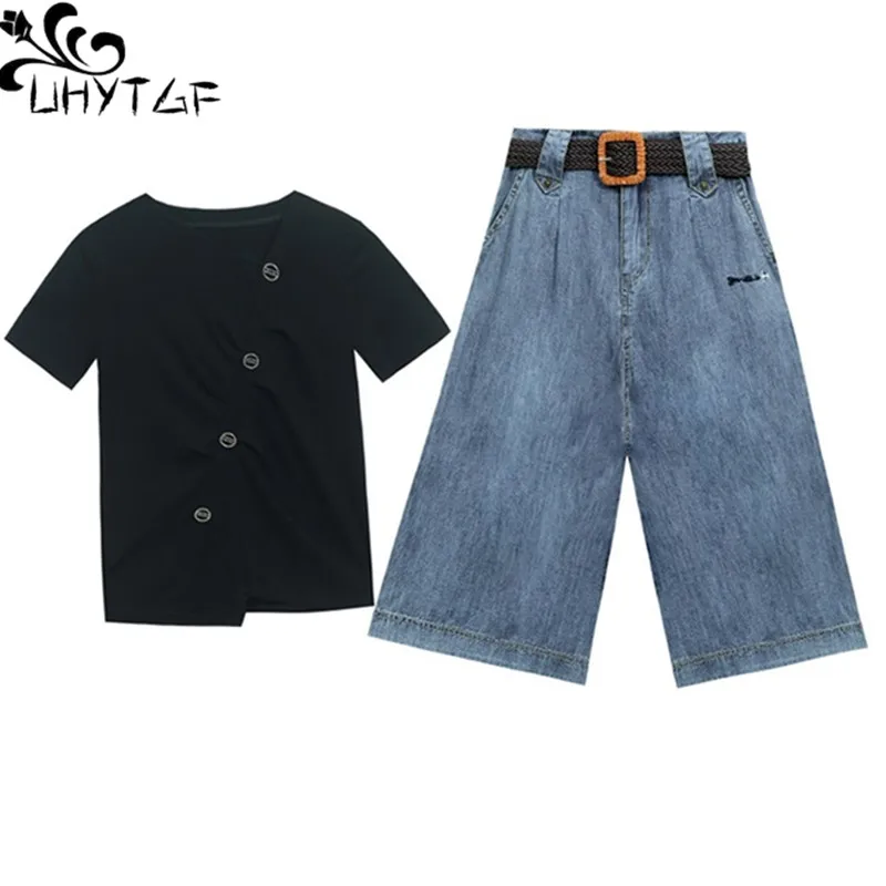 Uhytgf elegante estudante conjuntos de esportes das mulheres moda denim perna larga calças casuais verão 2 peça conjunto feminino coreano tamanho grande terno 982