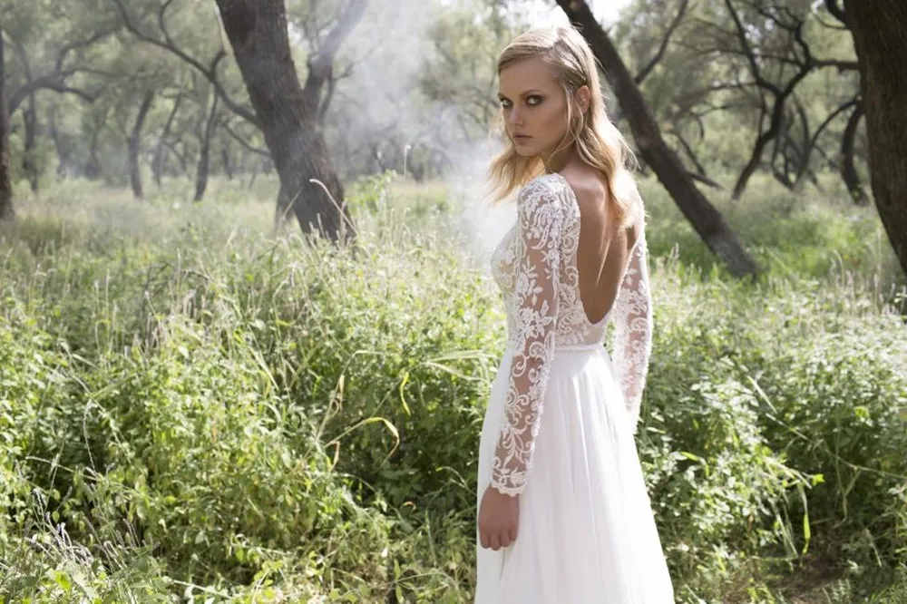 2022 nuovi abiti da sera in Chiffon a maniche lunghe trasparenti Sexy moderni Top in pizzo Backless Summer Beach abiti da sposa abiti da sera