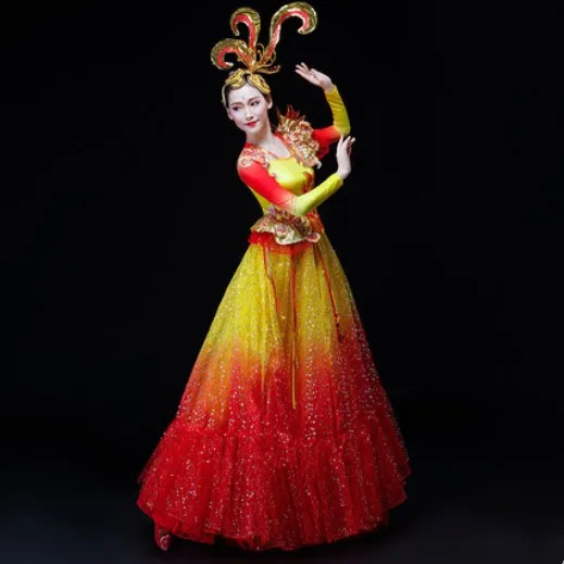 

yellow red long sleeve festival dance dress for women Opening Dance Dresses stage Performance for new year