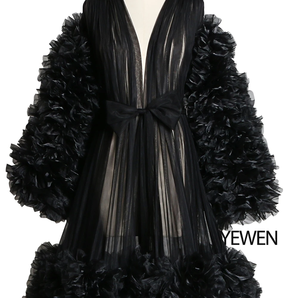 New Design V Neck Black Ruffle Large Skirt Maternity Gowns Puffy Long Sleeves Dress for Baby Shower Pregnancy Dress YEWEN