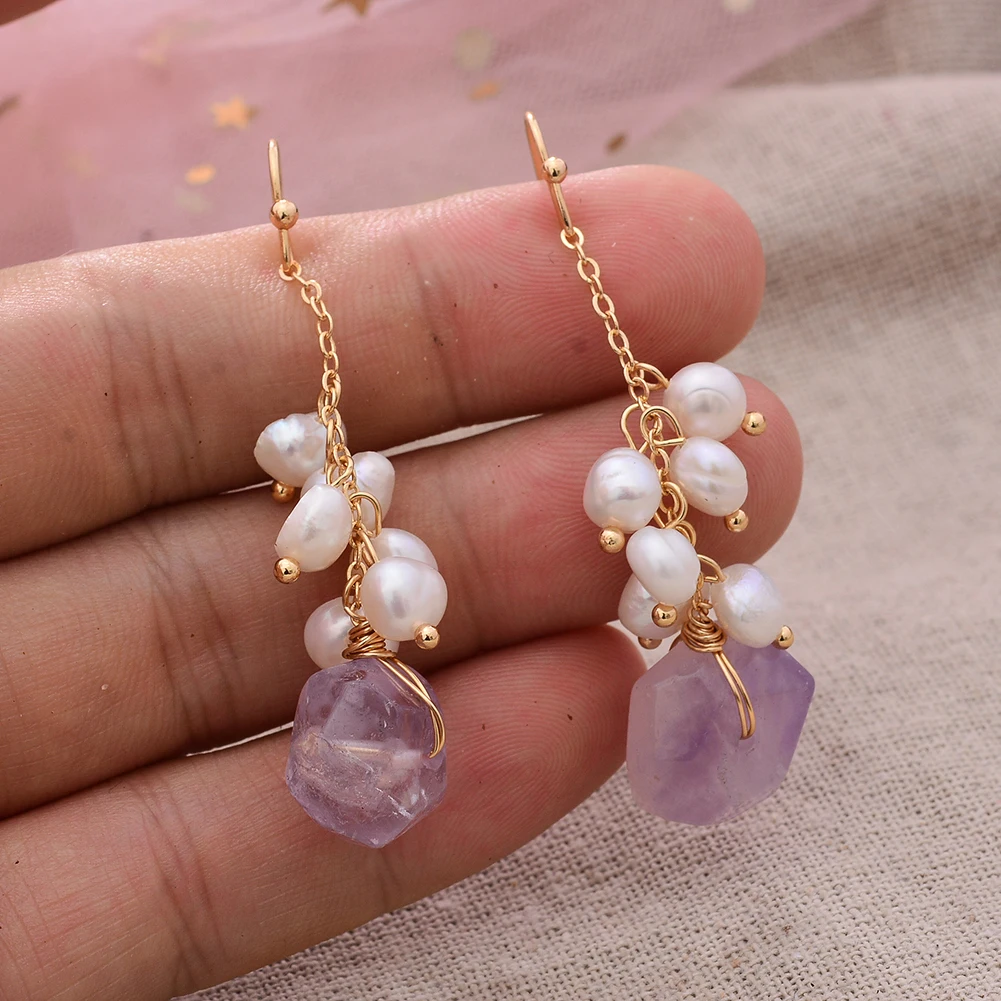 Original Handmade 14K Gold Filled Natural Freshwater Pearl Irregular Amethyst Ladies Drop Earrings Jewelry Women Wedding Gift