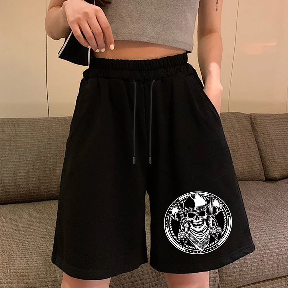 Summer Loose Shorts Women Fashion Casual Black Skull Printed Shorts High Waist Shorts Elastic Waist Drawstring Beach Boardshorts