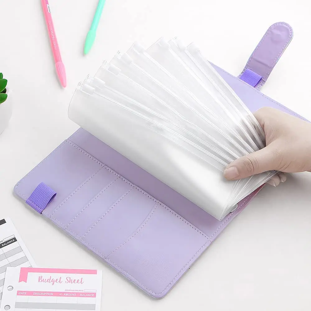 A6 PU Leather Budget Binder Cash Envelopes Planner System with Clear Zipper Pockets,Expense Budget Sheets, Letter Sticker Labels