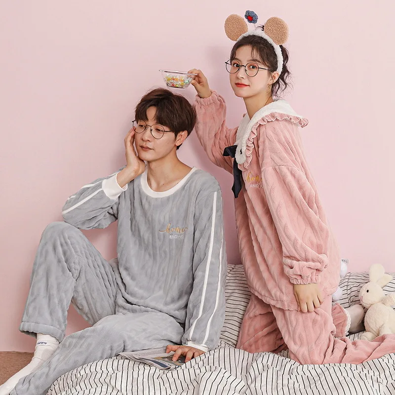 

Winter Couple Women pyjama suit Man Pajamas set Flannel Couple Sleepwear Cute Warm Home suit Clothing sets pijama mujer 2021